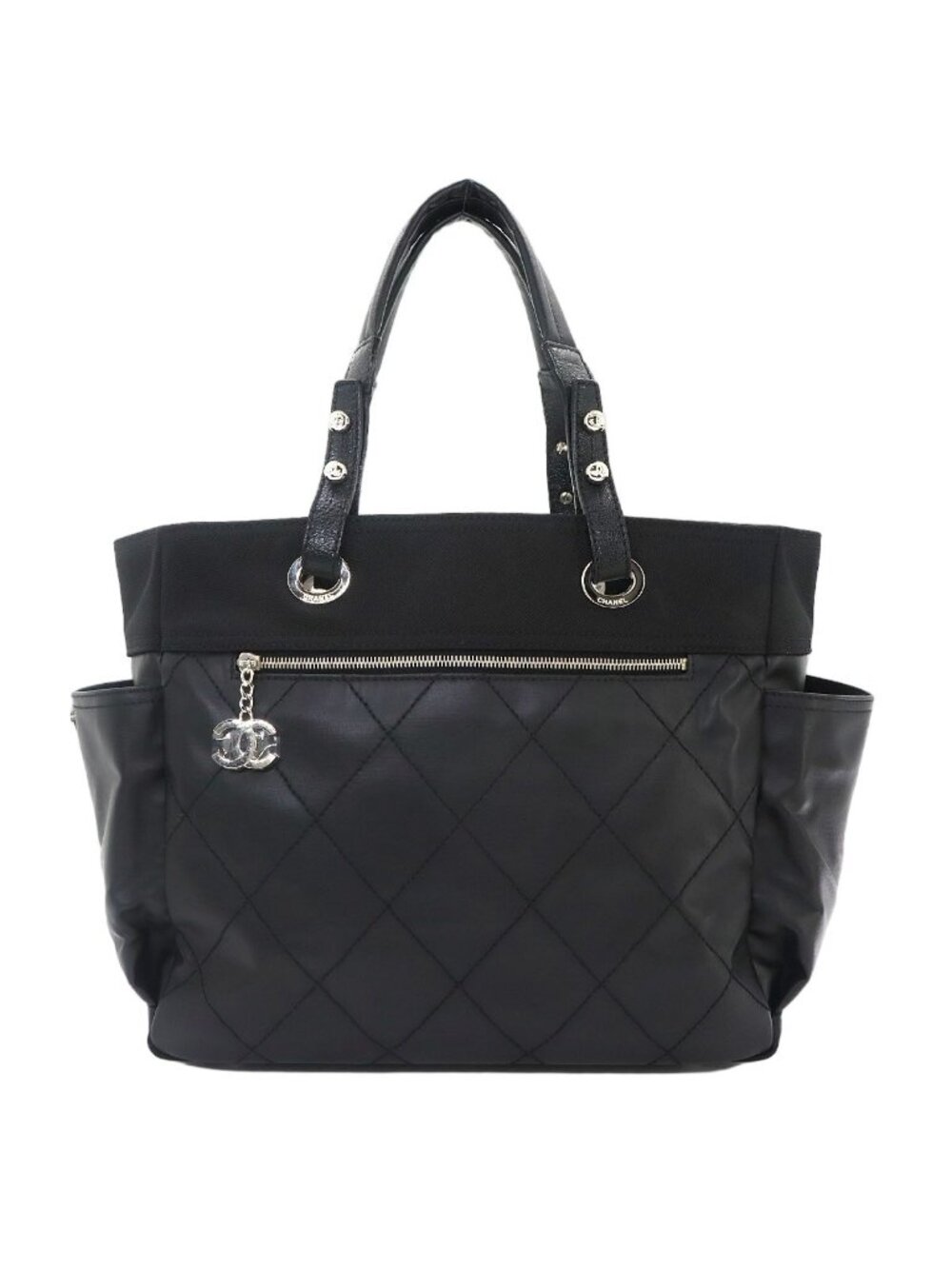 Chanel Paris Biarritz GM Tote Nylon Leather Black